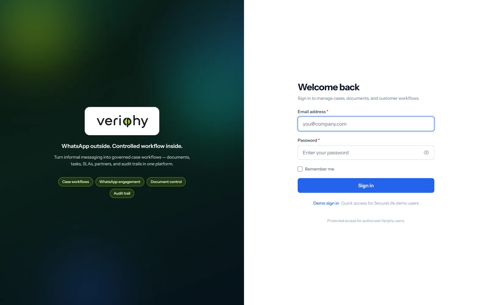 The Veriphy sign-in screen — aurora-glass brand panel beside the login form