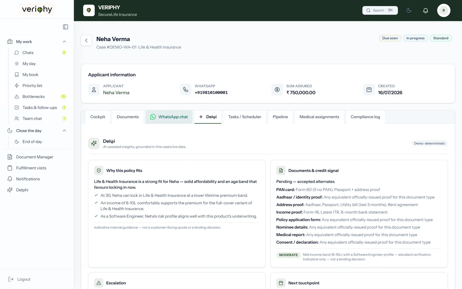 Delphi showing personalised policy fit and a credit signal on a live case