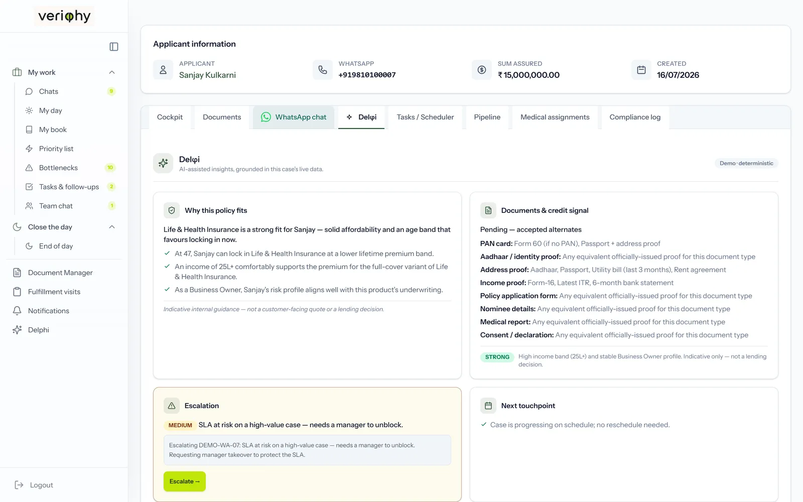 Delphi recommending escalation on a high-value case at risk of breaching its SLA