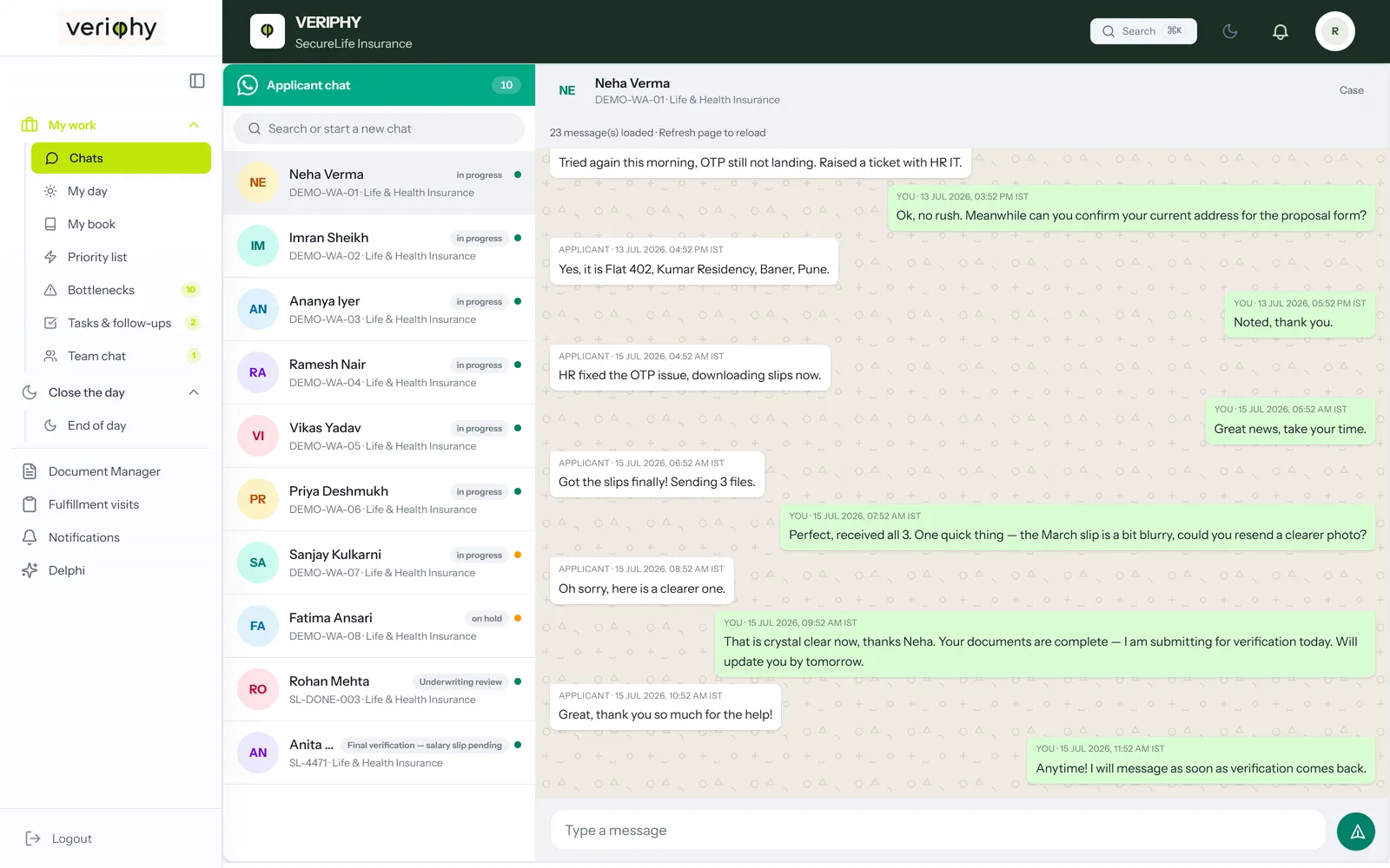 A customer's WhatsApp thread rendered inside Veriphy